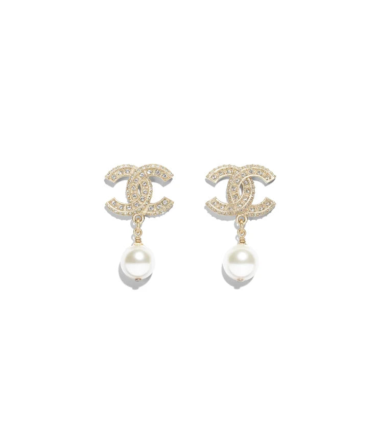 CHANEL Crystal CC Pearl Drop Earrings Lt Gold  Timeless Luxuries