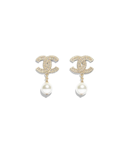 Chanel Pale Gold Tone Faux Pearl & Crystal CC Stud Earrings Chanel