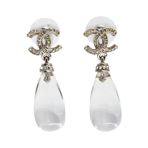 Chanel Tear Drop Clear Crystal Dangle Earrings CC Silver Stud